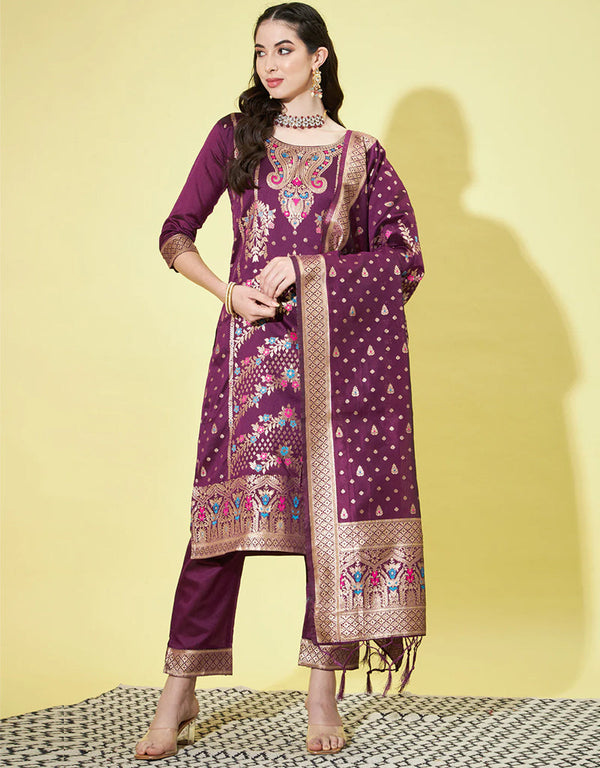 Designer Party Wear Cotton Silk Readymade Suit Purple Cotton Silk Jacquard Pant Straight Front View